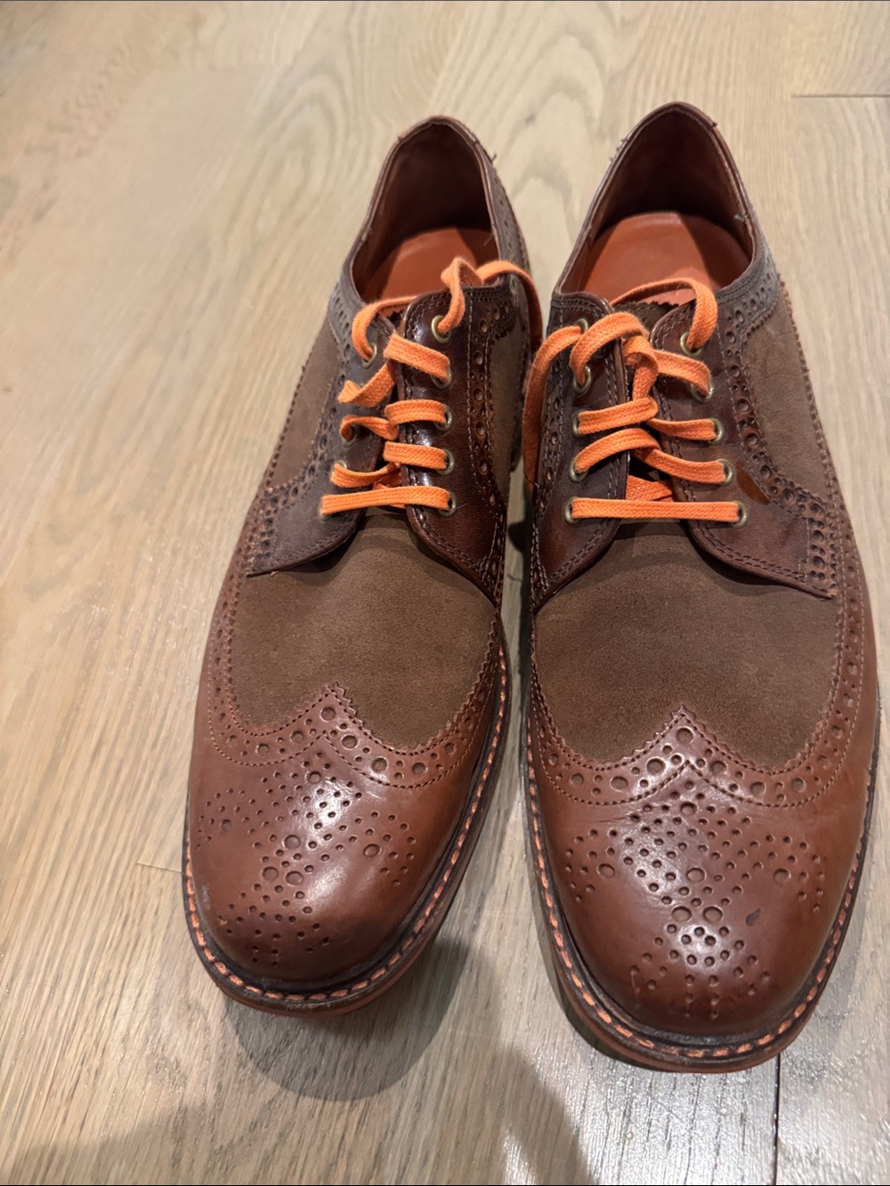 Cole Haan Brown Leather & Suede Wingtip Oxfords with Orange Laces